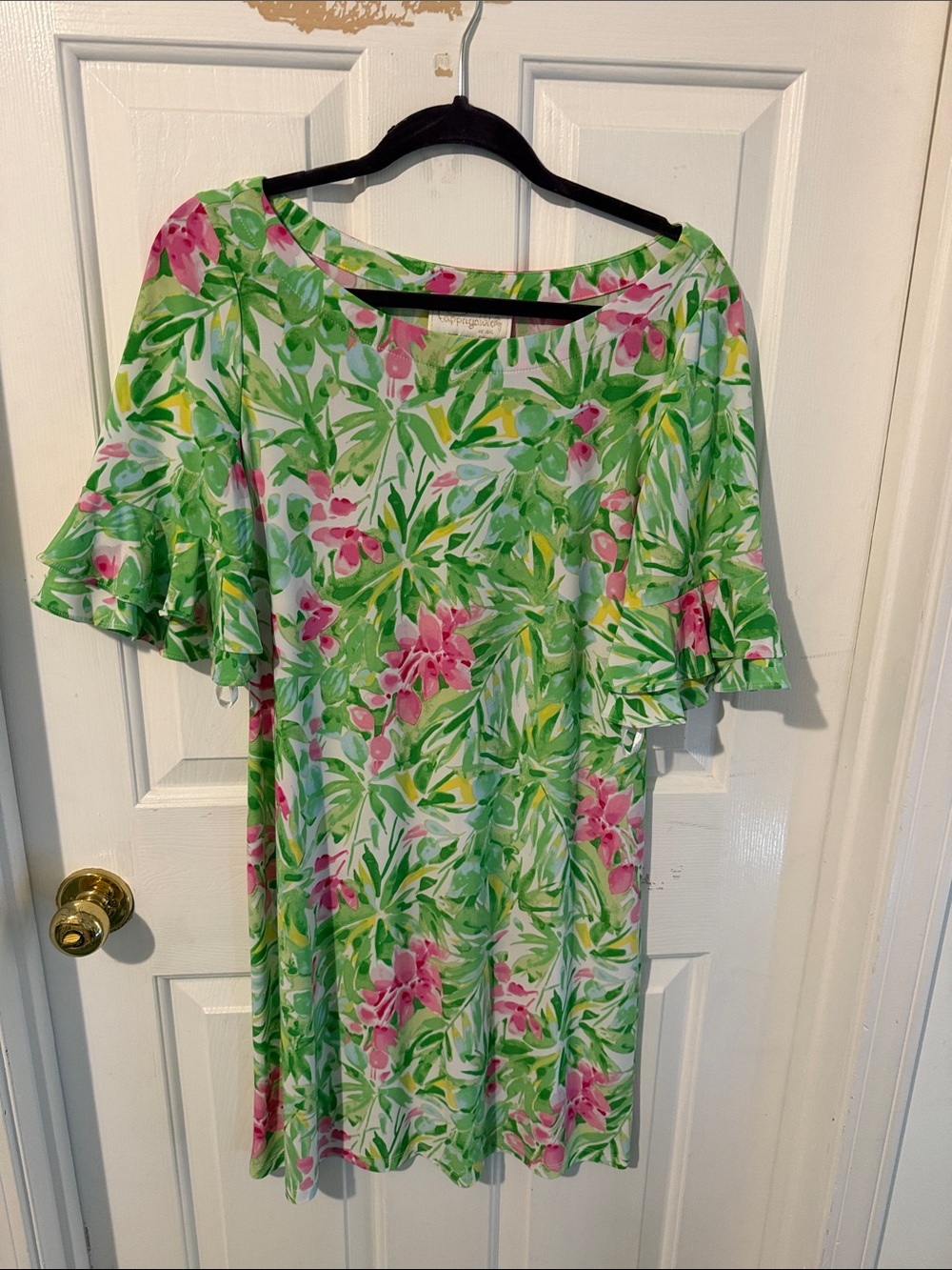 Green Floral Shift Dress with Pink Blooms
